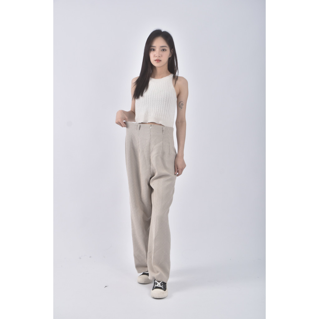 (M) 卡帛高腰質感格紋杏色長褲二手衣