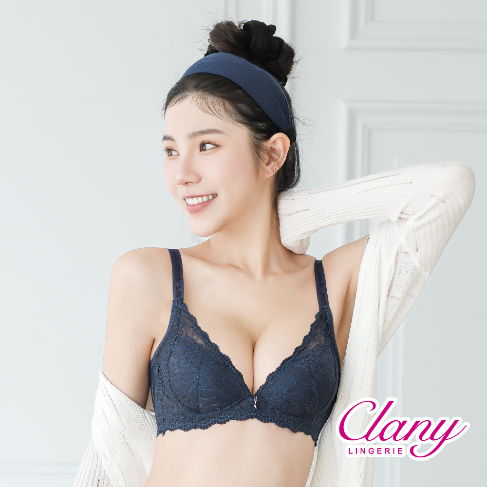 【Clany可蘭霓 】台灣製 法蕾柔波 抑菌石墨烯軟鋼圈ABC水美人蕾絲內衣 8066-62 深灰藍