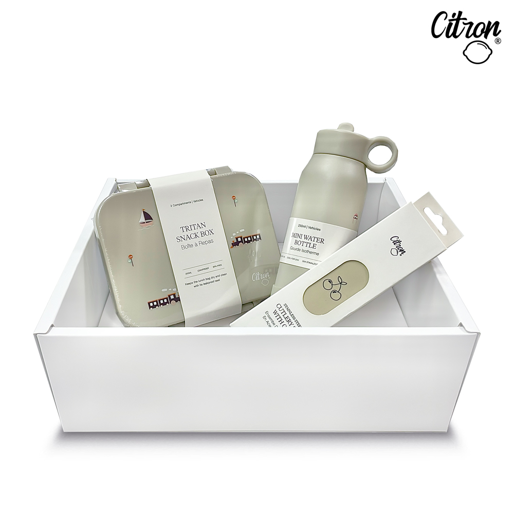 【Citron】經典餐具禮盒(交通工具-三層保溫瓶_250ml+點心盒+兒童餐具四件組_奶油白), , large