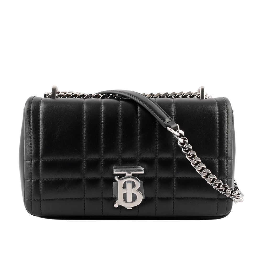 BURBERRY Lola 銀釦小羊皮縫線設計小款翻蓋鍊包/黑色, , large