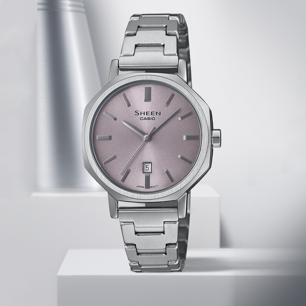 CASIO 卡西歐 SHEEN 文青風格 八角形鍊帶女錶-紫 SHE-4554D-8A, , large