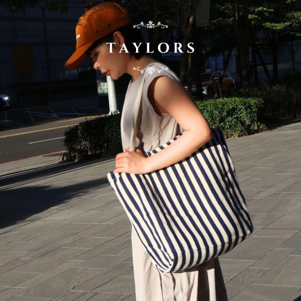 【TAYLORS】Korean style summer striped canvas tote bag, , large