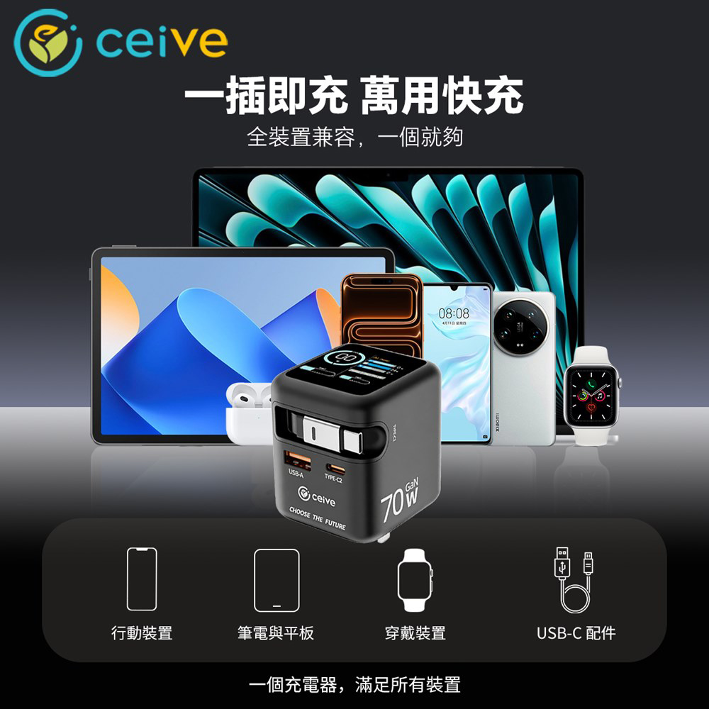CEIVE啟逸 LQ RE003 Gan 70W 氮化鎵快速充電器 美規, , large