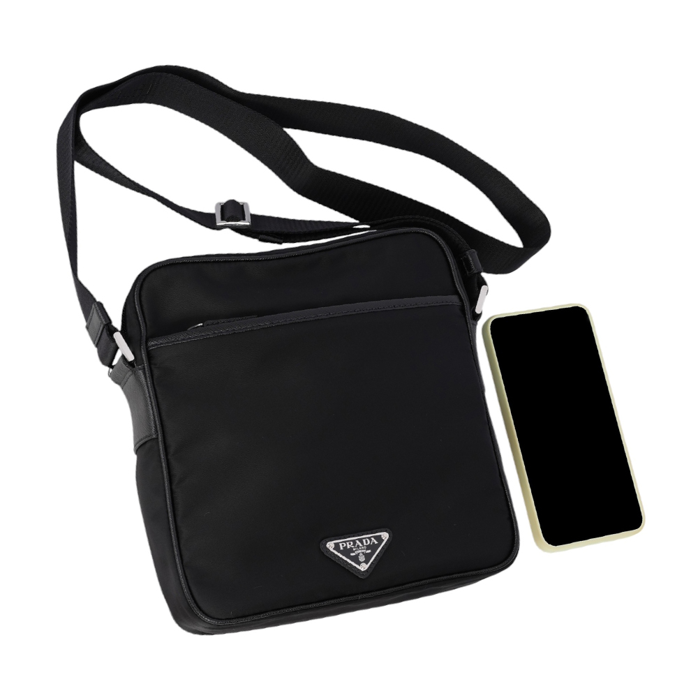 PRADA 刺繡及三角牌Logo 雙面可用尼龍斜背包/黑色, , large