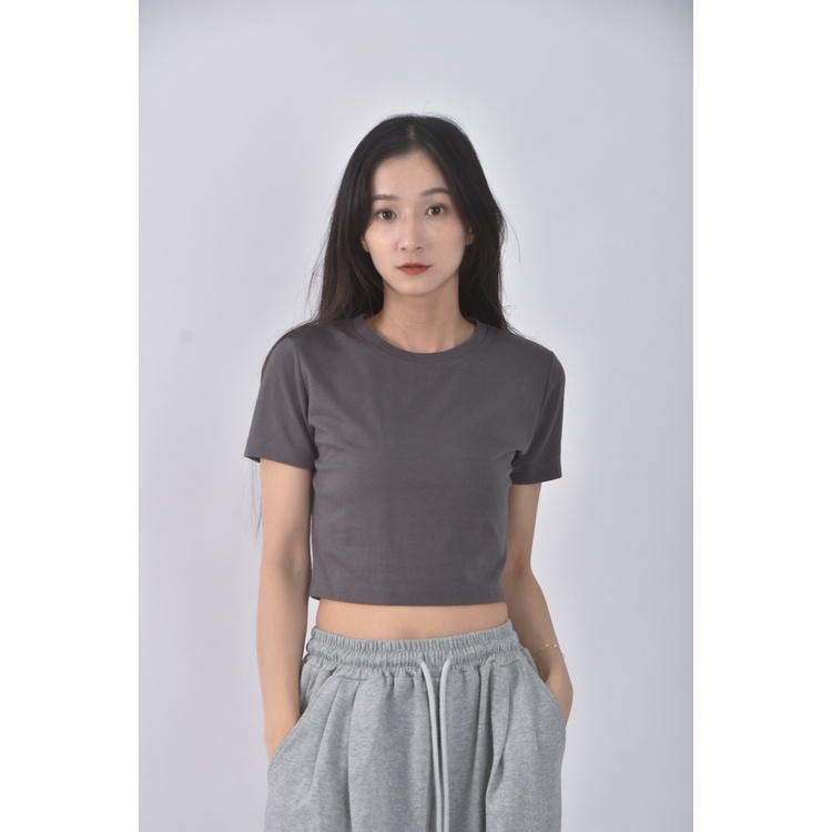 (S) gu修身短版棉質素面灰色短袖上衣二手衣, , large