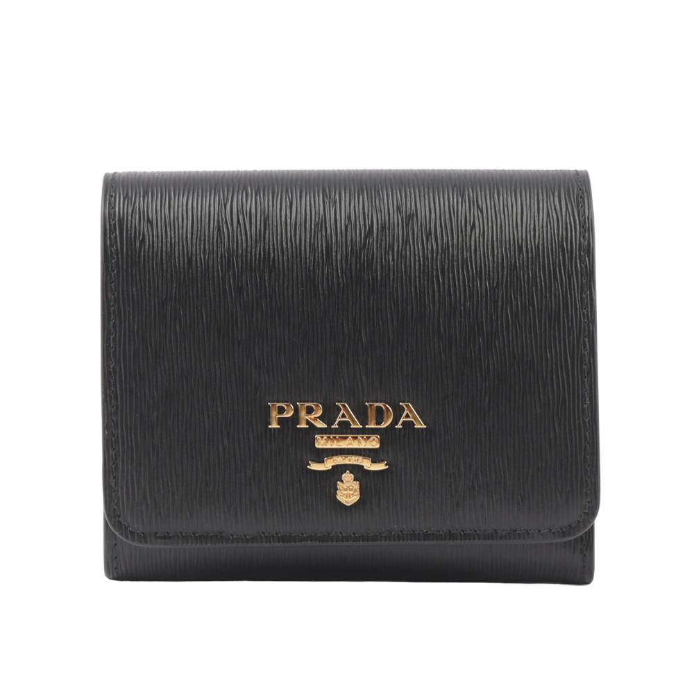 PRADA 三角牌LOGO水波紋皮革暗釦三折短夾/黑色, , large