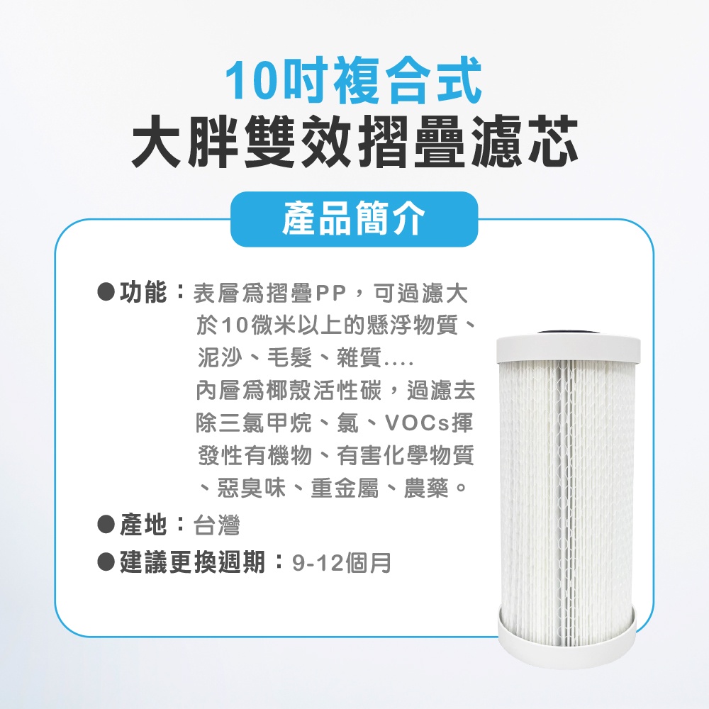 【麗水生活】10英吋  複合式摺疊大胖濾心折疊PP 椰殼活性碳 專利設計 台灣製造 全戶濾心 過濾器濾芯, , large