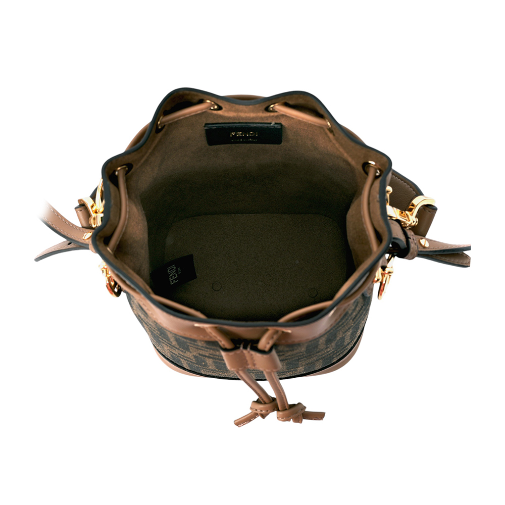 FENDI MON TRESOR FF Logo 緹花及皮革二用迷你水桶包/棕色, , large