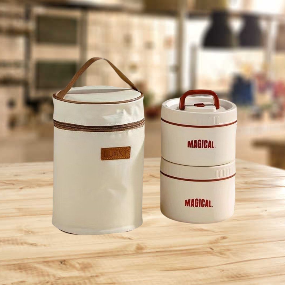 【A&R】二入組 新款日式雙耳304不鏽鋼便當盒附保溫袋、餐具組 1600ML 保溫款 奶油白, , large