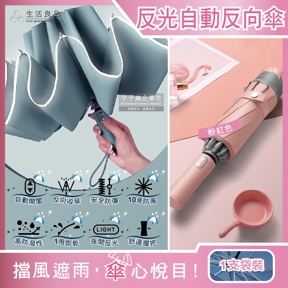 [日日好物]生活良品-10骨反光邊條抗風防潑水一甩即乾1鍵開收防暴衝慢回彈自動摺疊反向晴雨傘1支/袋(多款可選), , large