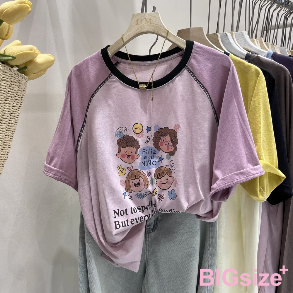 大尺碼-印花 插肩 圓領T恤-黑/粉/黃-0101142, , large