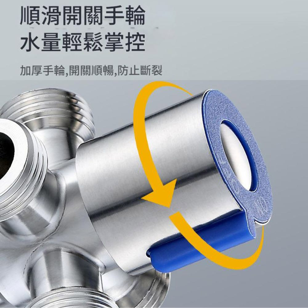 Blue faucet with one inlet and two outlets at a 90-degree angle, , large