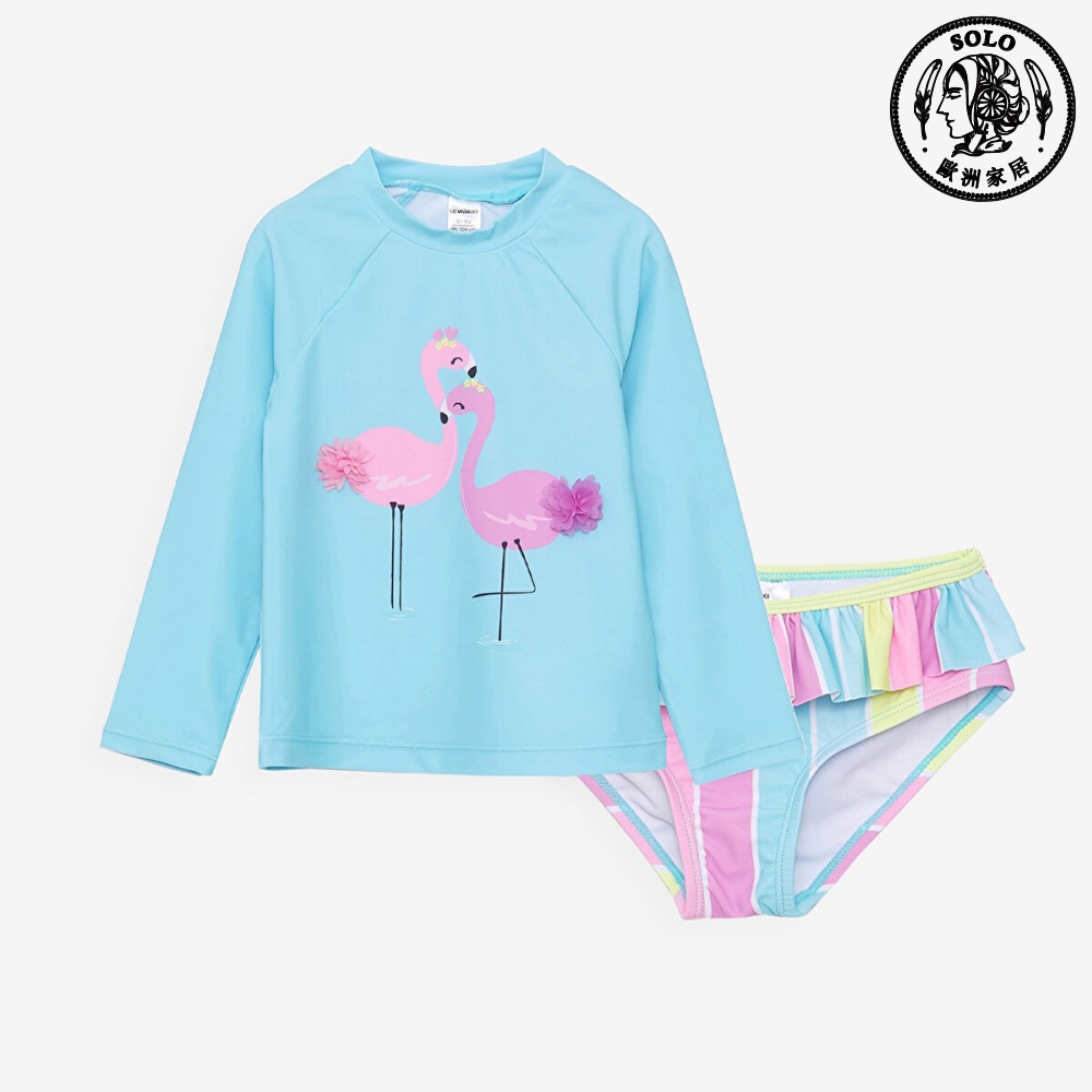 【SOLO Vintage】LCW Girls Flamingo Bikini Long Sleeve Set Swim Suit Made in Turkey 9-12m