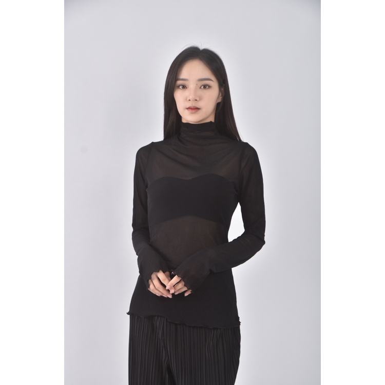 (S) 【智恩私服】質感紡紗木耳邊黑色長袖上衣二手衣, , large