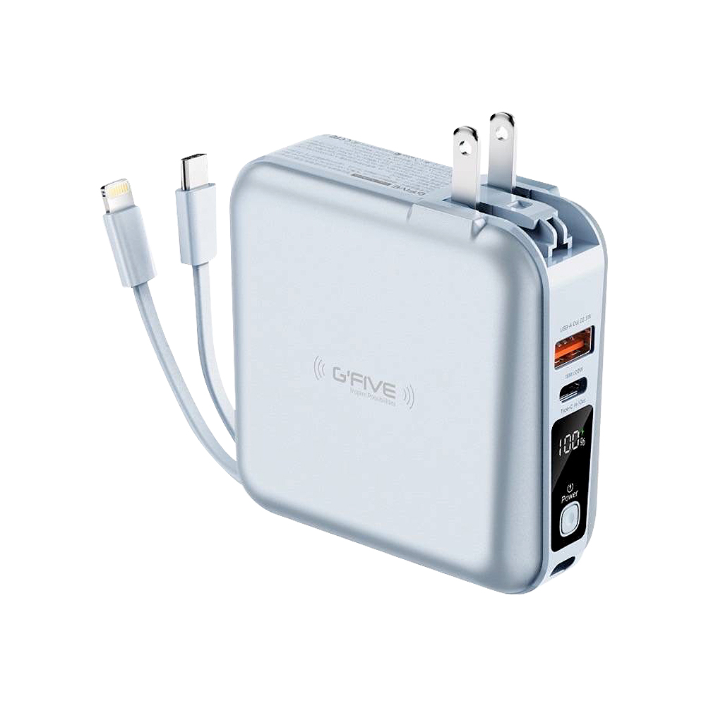 【Besthot】G-FIVE GP-W10S 10000mAh五合一22.5W PD+QC3.0自帶線行動電源, 淺藍色, large