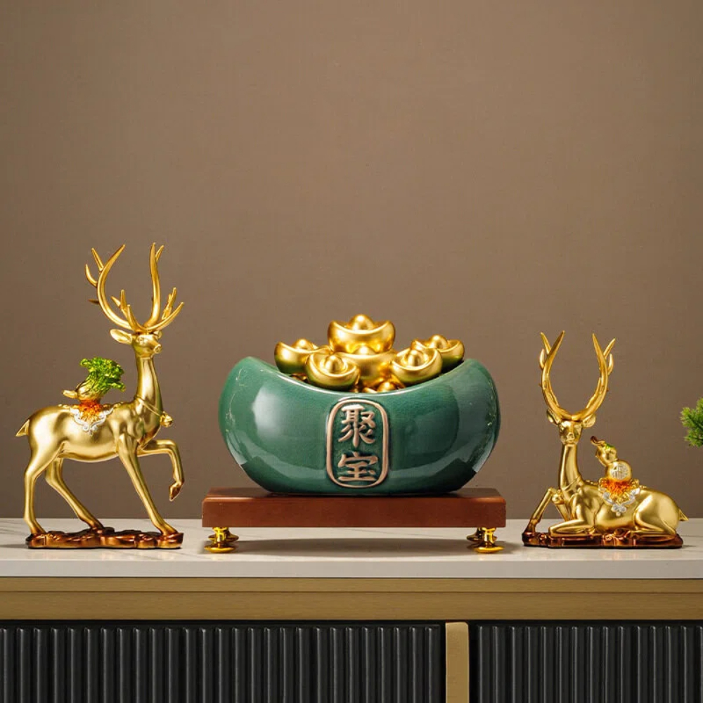 【A&R】招財開運 冰裂釉陶瓷聚寶盆附底座金元寶, , large