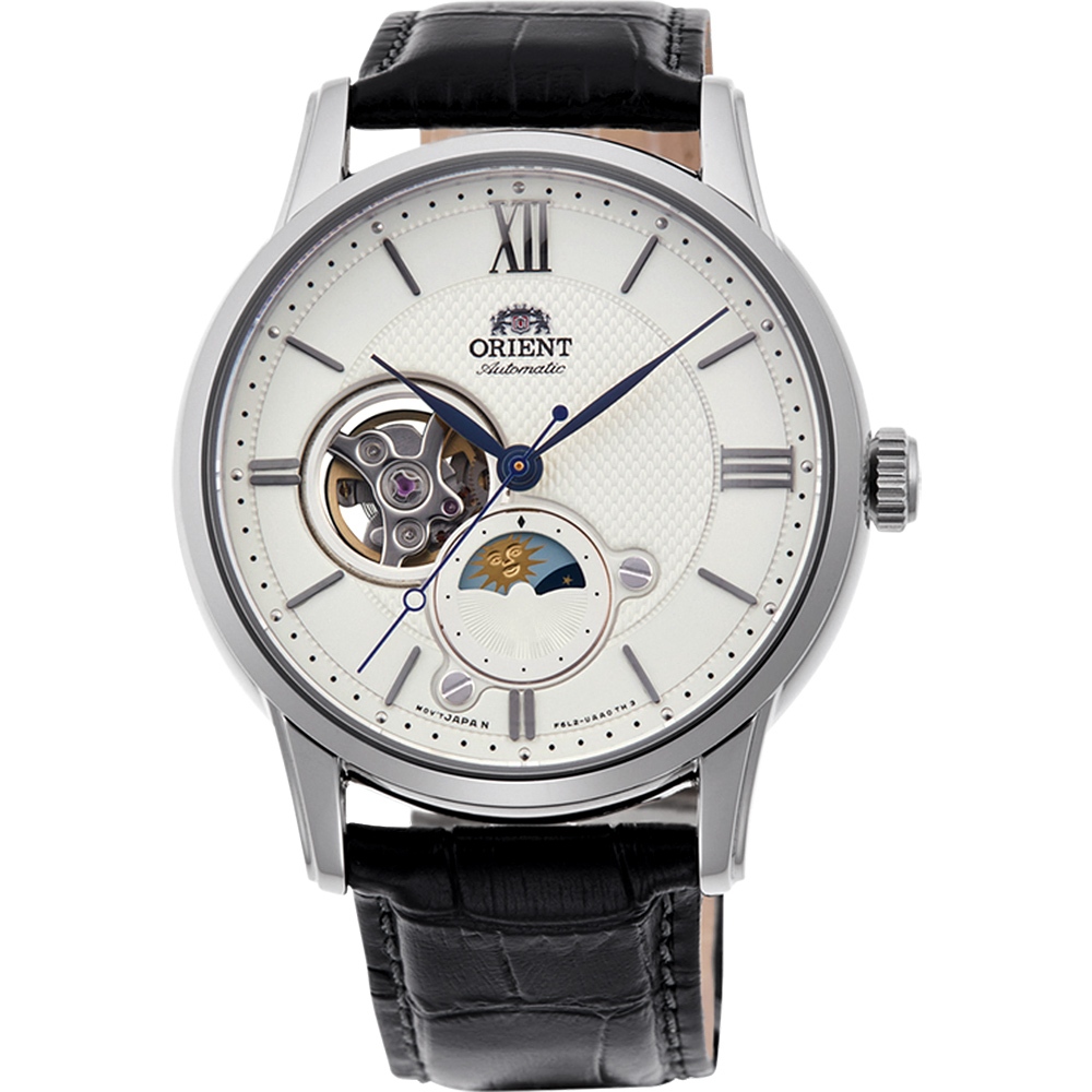 ORIENT 東方錶 Sun & Moon 系列 小鏤空日月相機械錶-銀x黑/42mm RA-AS0011S, , large