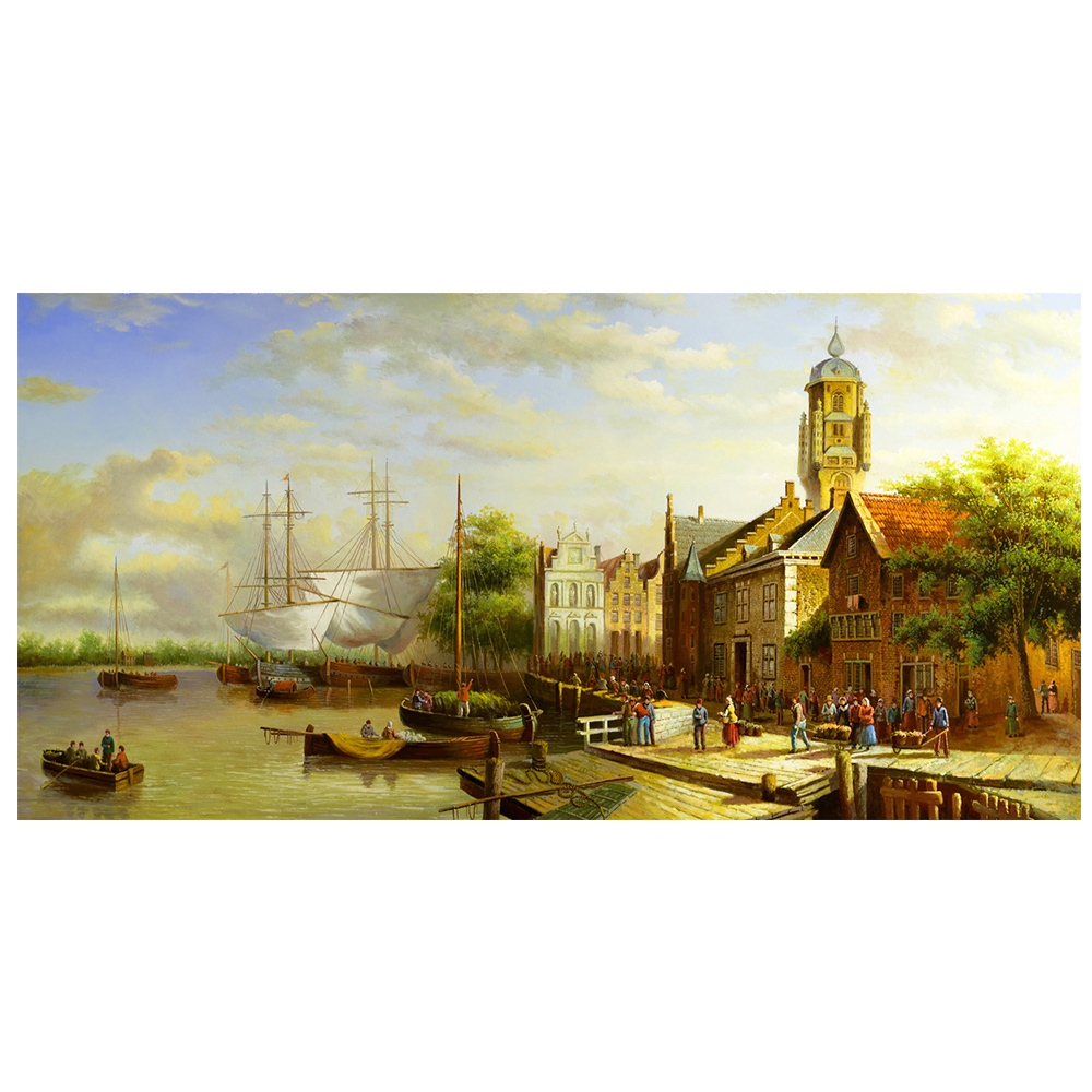 【御畫房】商貿市集 國家一級畫師手繪油畫60×120cm(VF-142), , large