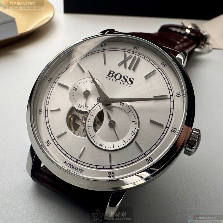 [星晴錶業]BOSS手錶,44mm,HB1513505銀白色錶面銀錶殼咖啡色真皮皮革錶帶款, , large
