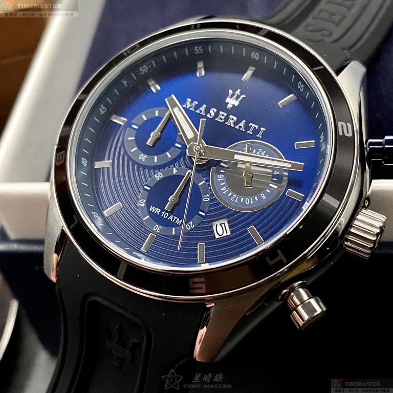 [星晴錶業]MASERATI手錶,44mm,R8871624003寶藍色錶面銀錶殼深黑色矽膠錶帶款, , large