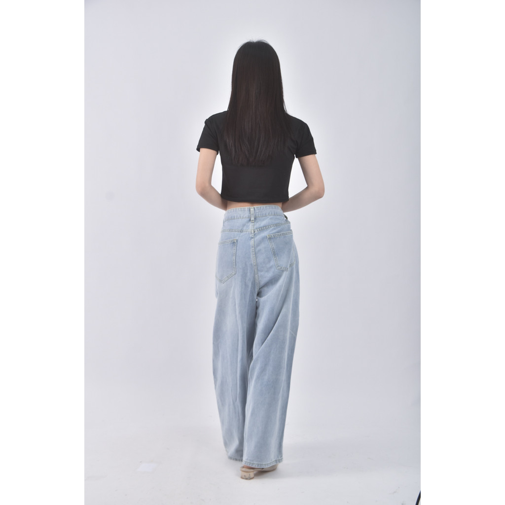 (2XL) meowstore5高腰丹寧牛仔質感棉質藍色長褲二手衣, , large