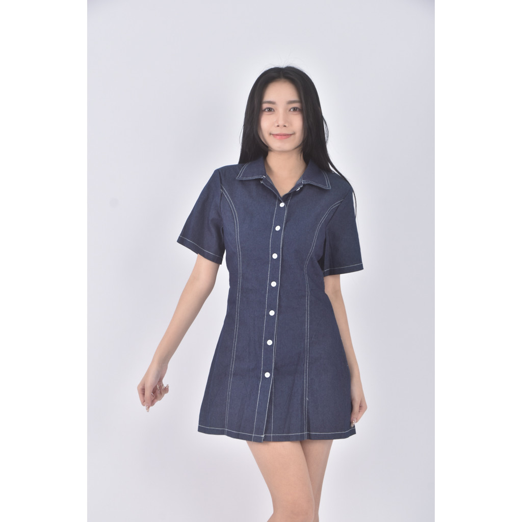 (S) jiang jiang丹寧牛仔質感收腰藍色洋裝二手衣, , large