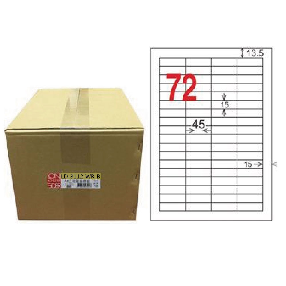 【龍德】LONGDER 三用電腦標籤 A4 72格 15*45mm可再貼1000張/箱 LD-8112-WR-B(適用雷射、噴墨、影印), , large