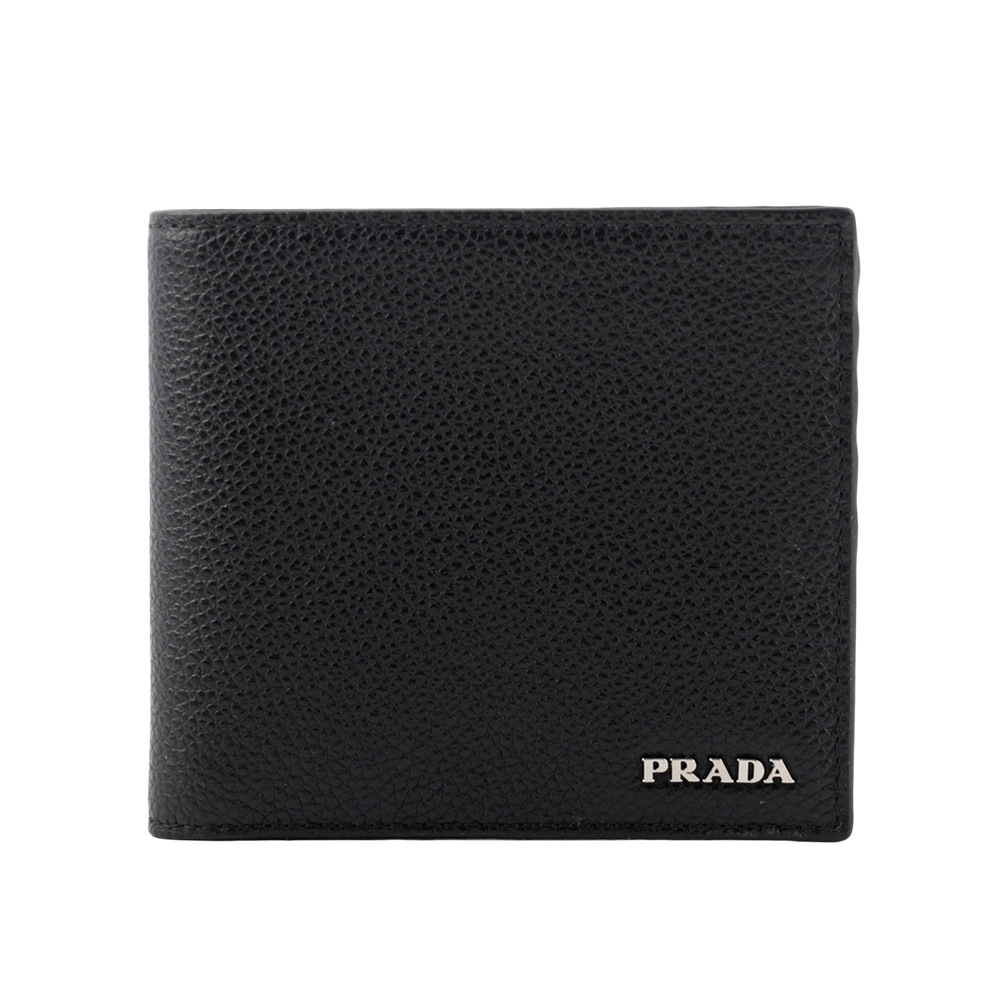 PRADA 銀字Logo 粒紋牛皮對開8卡短夾/黑色, , large