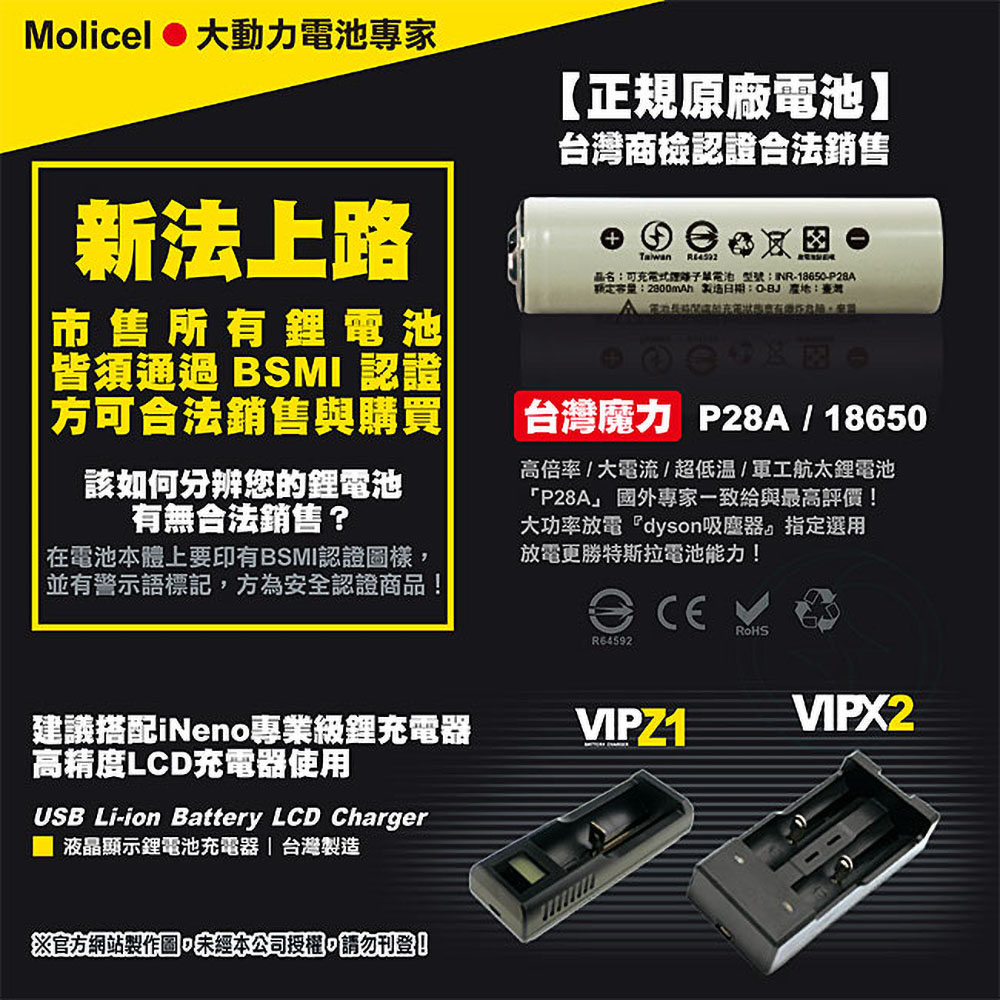 【Molicel】18650 高倍率動力型鋰電池2800mAh 4入-凸頭, , large