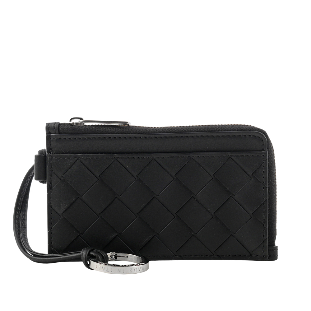 BOTTEGA VENETA L 型銀色拉鍊小牛皮編織附鑰匙釦卡包/零錢包/黑色