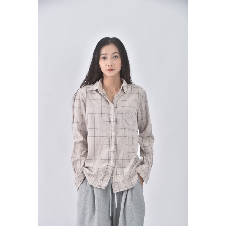 (L) uniqlo棉質純棉格紋杏色長袖上衣二手衣, , large