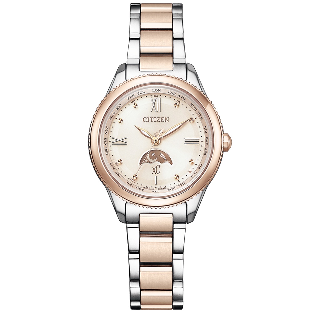 CITIZEN 星辰 XC 鈦 日月顯示光動能電波女錶 EE1005-54W, , large