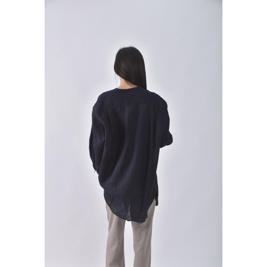 (L) muji質感亞麻純亞麻藍色長袖上衣二手衣, , large