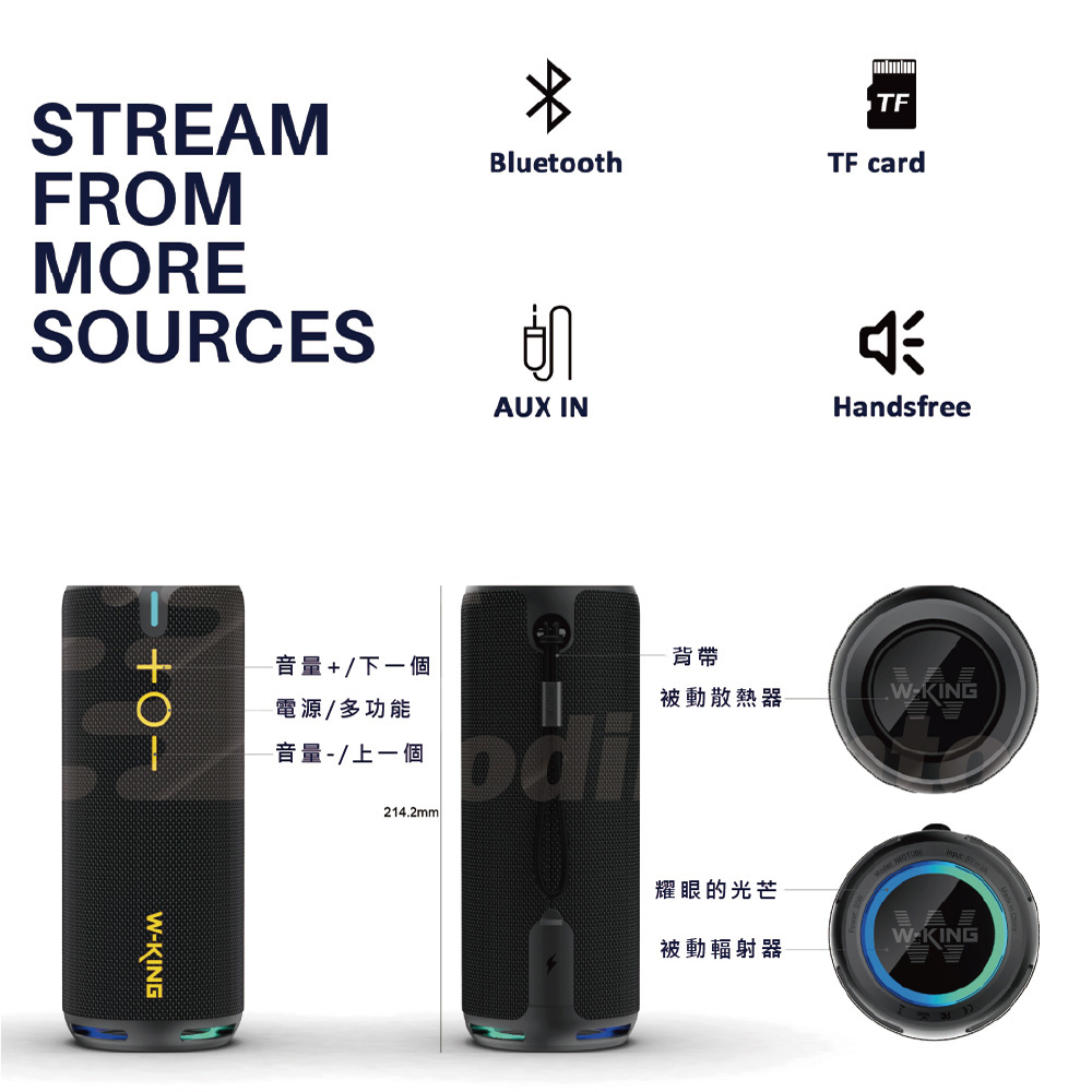 W-KING D320 40W 海神藍 360度環繞防水藍芽喇叭 帶燈光/TF/AUX音響 EQ重低音喇叭, , large