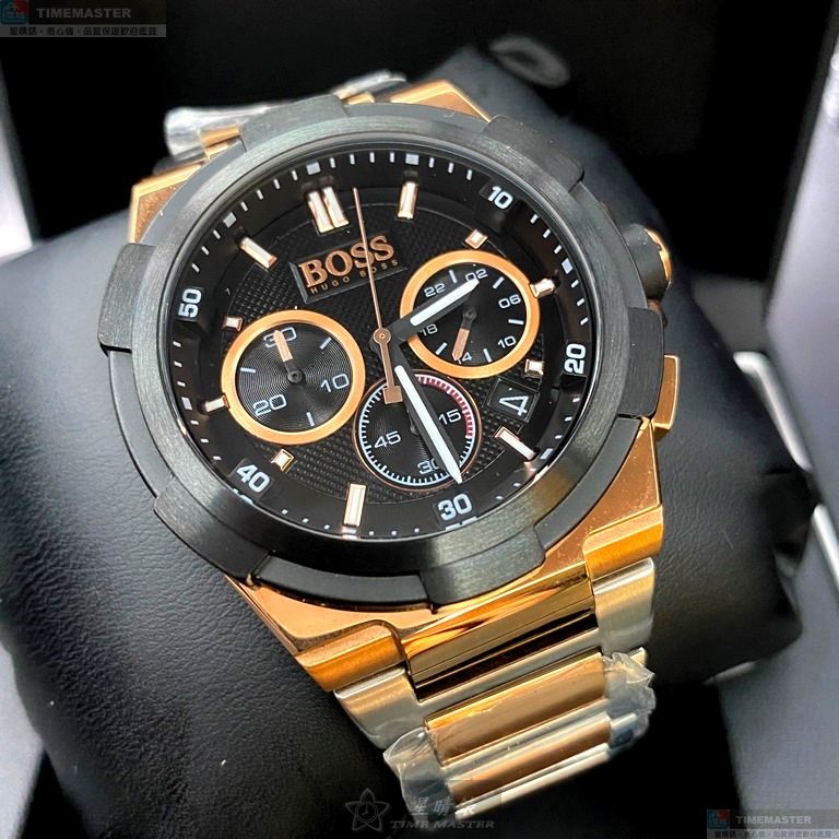 [星晴錶業]BOSS手錶,46mm,HB1513358黑色錶面黑金錶殼金銀相間精鋼錶帶款, , large