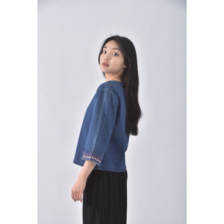 (S) max co丹寧牛仔棉質圓領藍色長袖上衣二手衣, , large