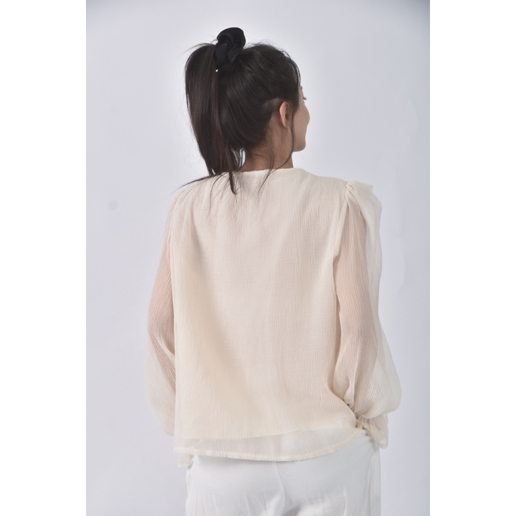 (M) 【安于晴Charlene私服】yun feina質感花邊領口杏色長袖上衣二手衣, , large