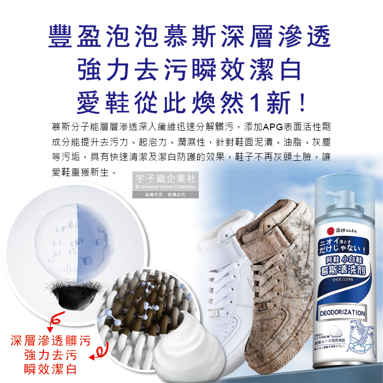 [日日好物]日本小林百貨-乾濕兩用去污瞬白除臭芳香小白鞋泡泡慕斯清潔劑280ml/罐(帆布鞋,球鞋,休閒鞋皆適用), , large