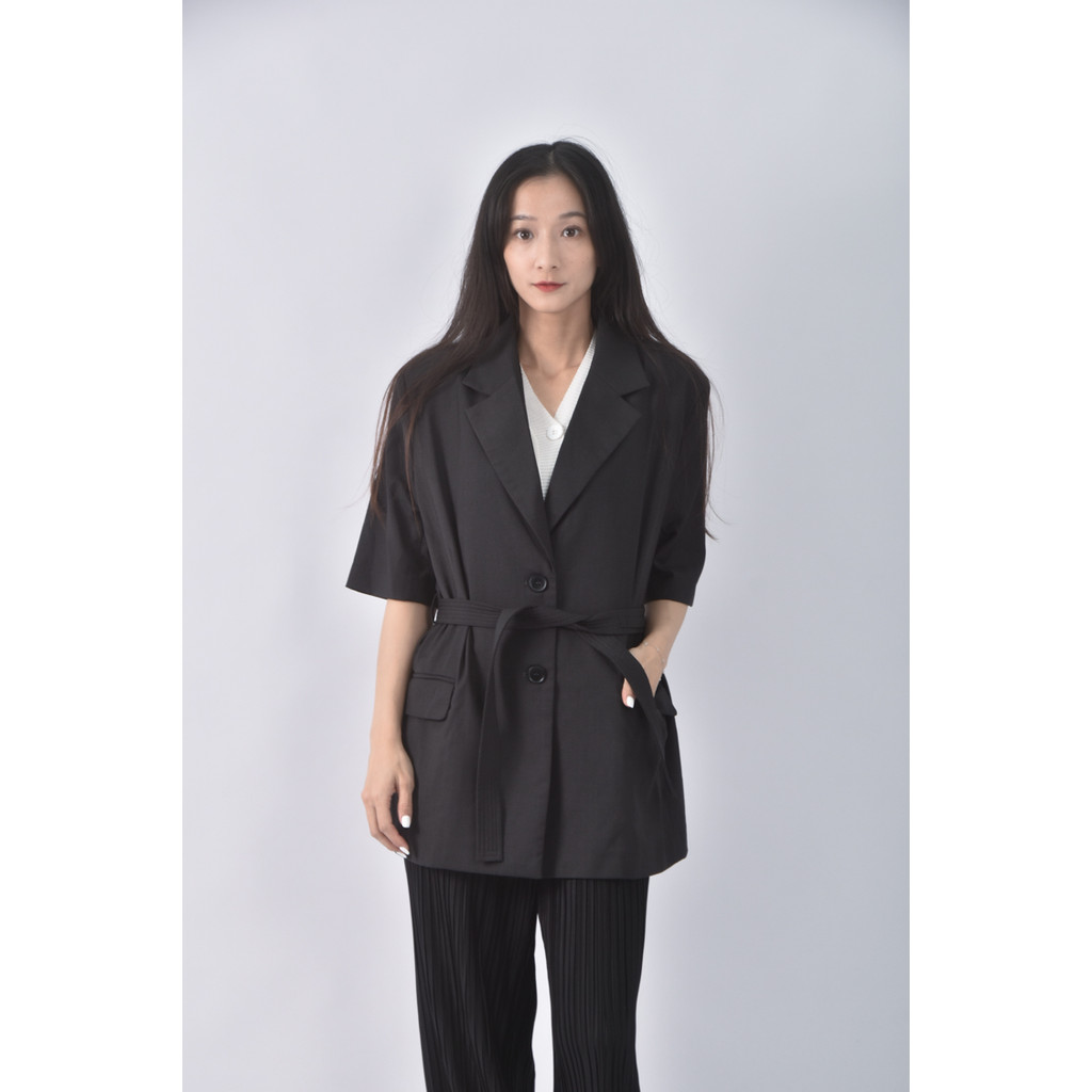 (L) 西裝棉質翻領排扣黑色綁帶外套二手衣, , large