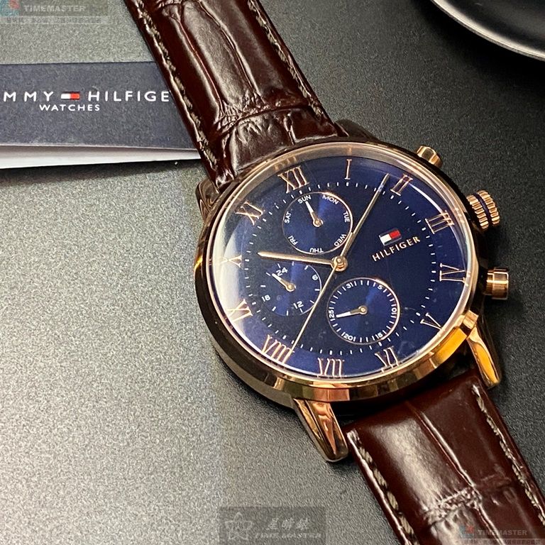 [星晴錶業]TommyHilfiger手錶,44mm,TH00009寶藍色錶面玫瑰金錶殼咖啡色真皮皮革錶帶款, , large