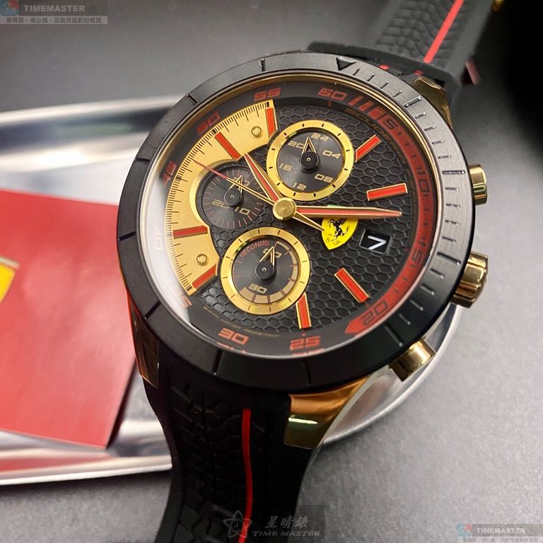 [星晴錶業]FERRARI手錶,46mm,FE00042黑金色錶面黑錶殼深黑色矽膠錶帶款, , large