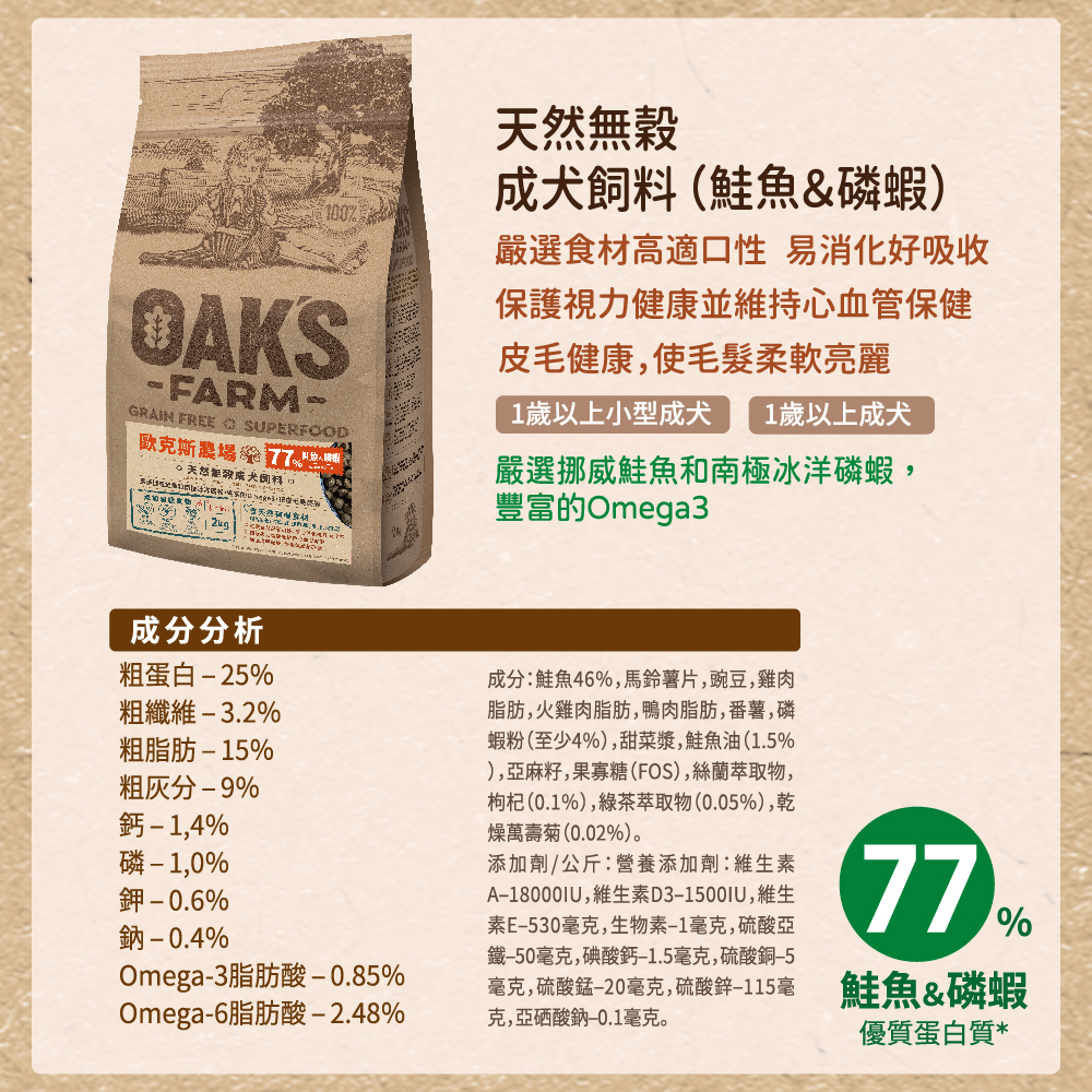 【拉拉寵物小舖】歐克斯農場 狗飼料 成犬鮭魚.磷蝦2公斤 天然糧 無穀 低敏感 立陶宛 歐洲, , large