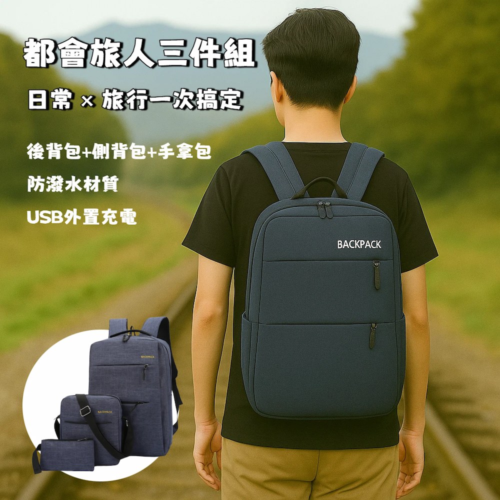 【A&R】三件組 超值時尚USB充電背包組 藍色