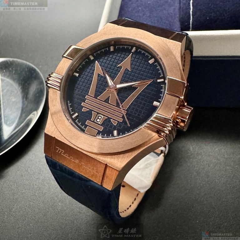 [星晴錶業]MASERATI手錶,42mm,R8851108027寶藍色錶面玫瑰金錶殼寶藍真皮皮革錶帶款, , large