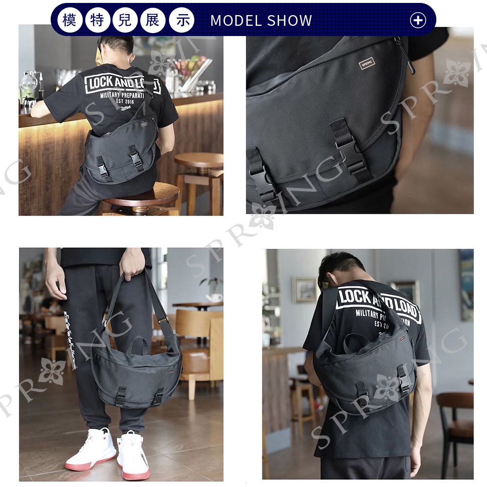 SPRING-尼龍大容量斜背包月牙包中性簡約插釦斜背包, , large