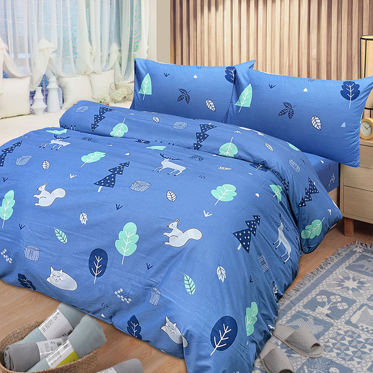 【多利寶寢具】INDIAN_雪紡棉雙人床包被套組-藍色森林