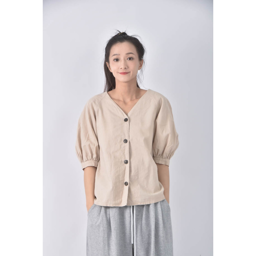 (M) gu亞麻棉質V領泡泡袖杏色長袖上衣二手衣