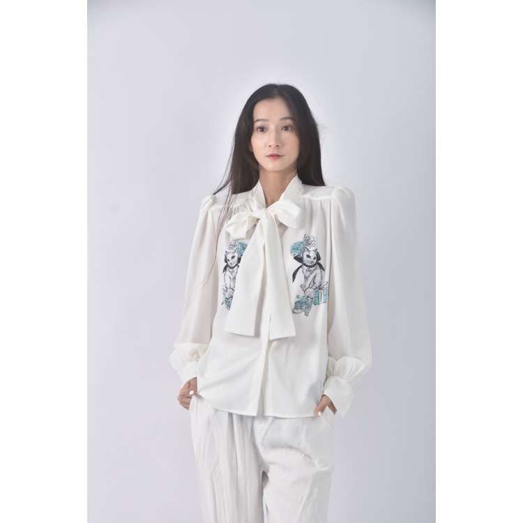 (S) j deluxe質感貓貓綁帶白色襯衫上衣二手衣, , large