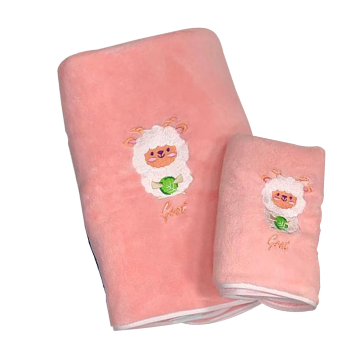 12生肖 珊瑚絨毛巾浴巾 【粉色/藍色】彩色刺繡 牛年 毛巾 3秒瞬吸 活性印染 掛耳設計 十二生肖 生肖, , large