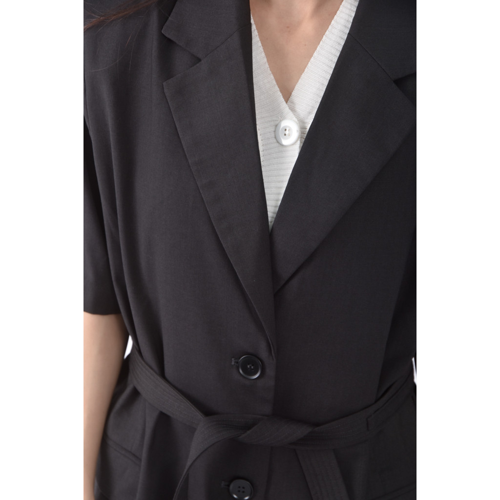 (L) 西裝棉質翻領排扣黑色綁帶外套二手衣, , large